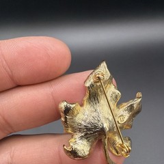 Vintage Gold Tone Maple Leaf Brooch Pin with Faux Black Pearl Center, 1960s