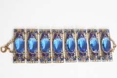 1920s/30s Czech Faceted Oval Blue Glass Enamel Openwork Panel Bracelet ~6 3/4″ L