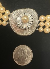 Vtg Signed JOMAZ Triple Strand Faux Pearl Rhinestone Baguette Clasp Choker