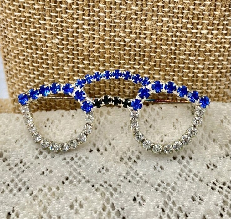 Vintage Rhinestone Blue Glasses Eye Glasses Spectacles Silver Tone Brooch Pin