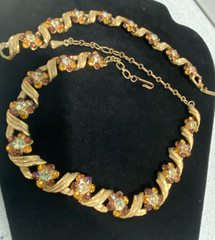 Vintage Signed Karu Yellow & Brown RS Gold Tone Etched Link Necklace & Bracelet