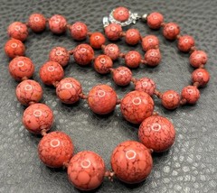Vintage Red Glass Crackle Bead Necklace Box Clasp Hand Knotted Silver Tone