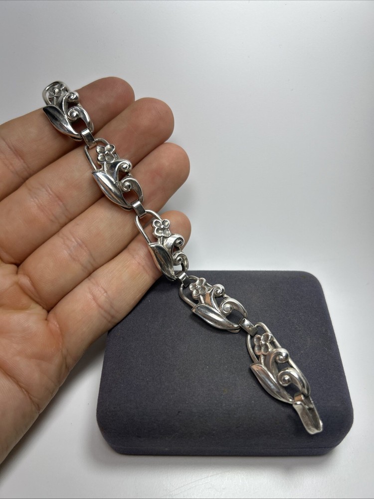 Danish Designer La Paglia Sterling Silver Floral Link Flower Bracelet 6.25in