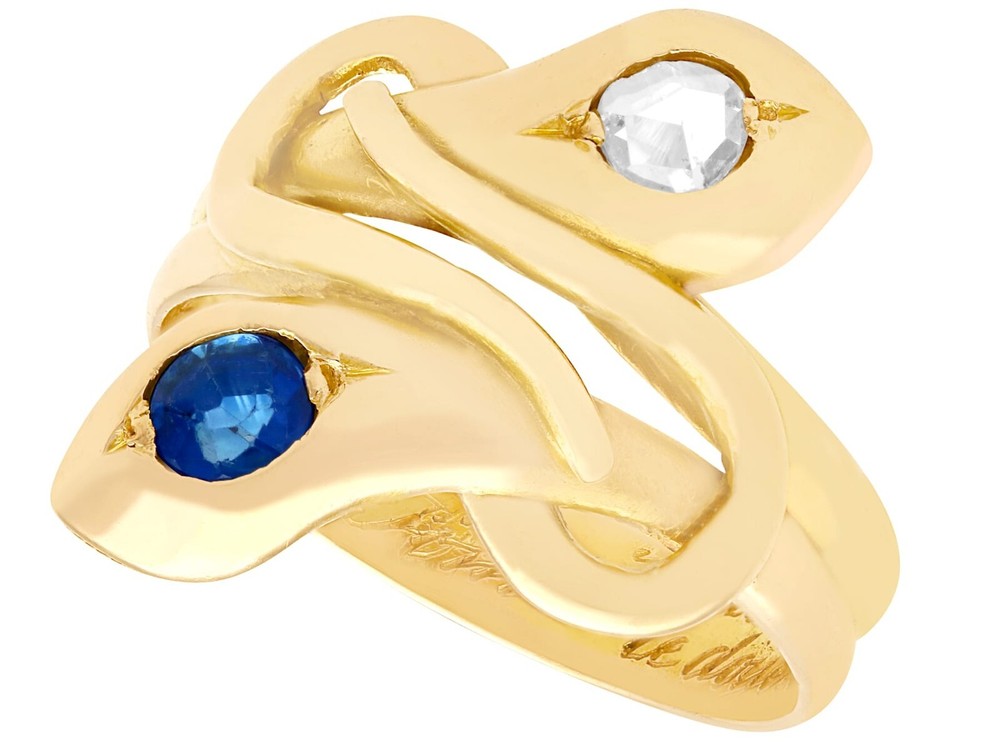 0.29 Ct Sapphire and 0.24 Ct Diamond, 18k Yellow Gold Snake Ring – Antique