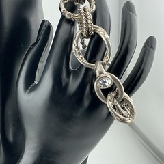 Vtg SilverT Bracelet 74 Grams 7.25”L Chunky Rhinestone Faux Pearl Rings Toggle
