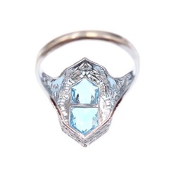 Vintage DECO 14k Solid White Gold Natural Aquamarine Fancy Cut Filigree Ring