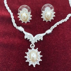 Vintage Signed Roman Silver Tone Faux Pearl Rhinestone Necklace & Earring Set