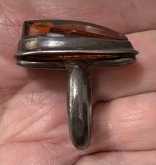 Bold Vintage Modernist Sterling Silver Unique Sculptural Cognac Amber Ring Sz 7