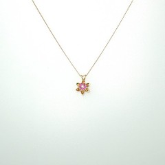 14K Solid Yellow White Gold Ruby Diamond Flower Pendant Necklace, Lab Ruby