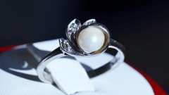 10k white gold size 6.75 ring 5.3mm cultured pearl natural diamond antique 2.28g