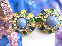Large Rhinestone Earrings Green Blue Gold Medallion Clip-On Earring NEW
