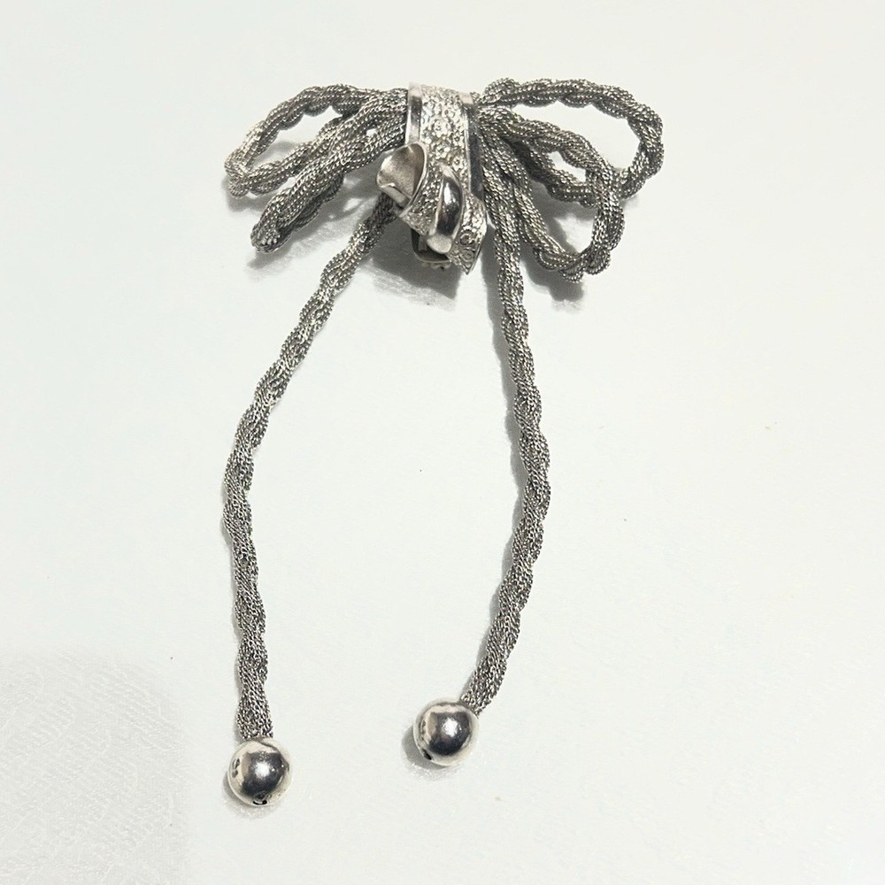Vintage Silver Tone Woven Mesh Ribbon Bow Brooch Pin Dangle Tassel Retro 1970s