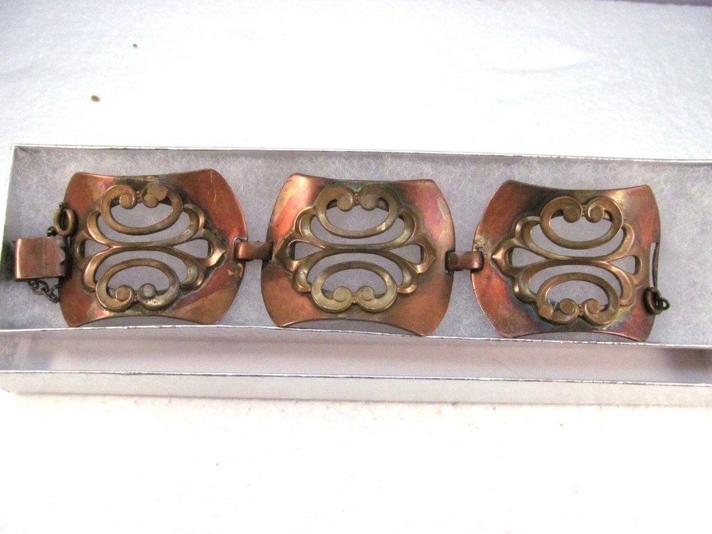 Vintage Wide Copper and Brass Art Nouveau Style Bracelet with Safety Chain
