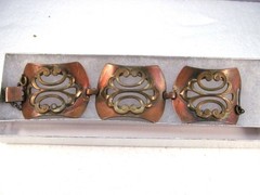 Vintage Wide Copper and Brass Art Nouveau Style Bracelet with Safety Chain