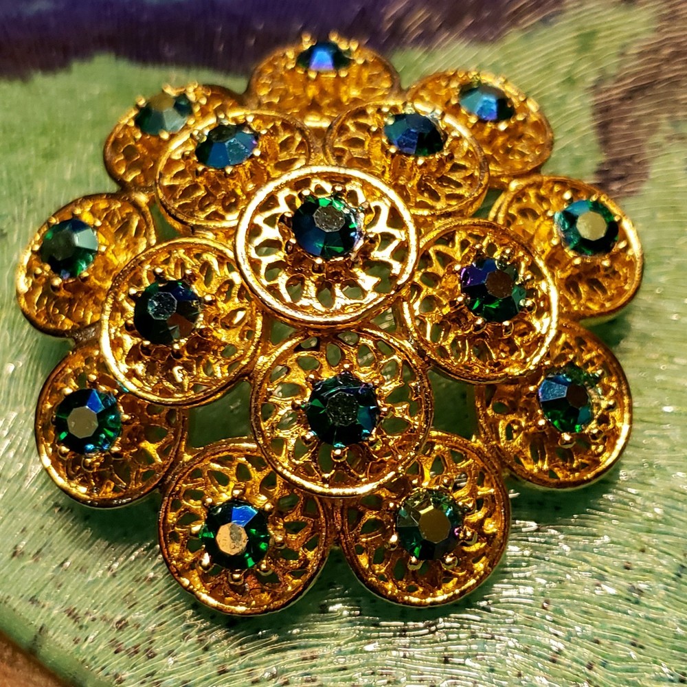 Vintage 3-Tier Medallion Aurora Borealis Dome Brooch Peacock Costume Jewelry