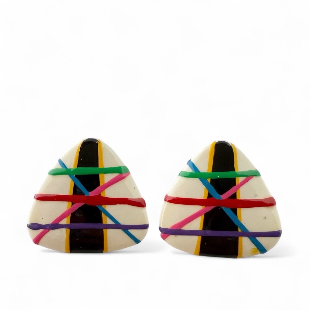 Vintage Multicolor Painted Funky Triangle Guitar Pick Plastic Post Earrings