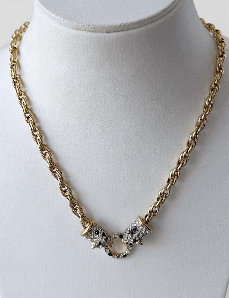 RARE Vintage Double Leopard Gold tone Crystal Necklace (signed Jackie Collins)