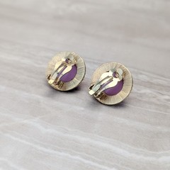 Vintage Clip On Earrings Pinkish Purple Domed Circle Gold Tone Halo Large Chunky