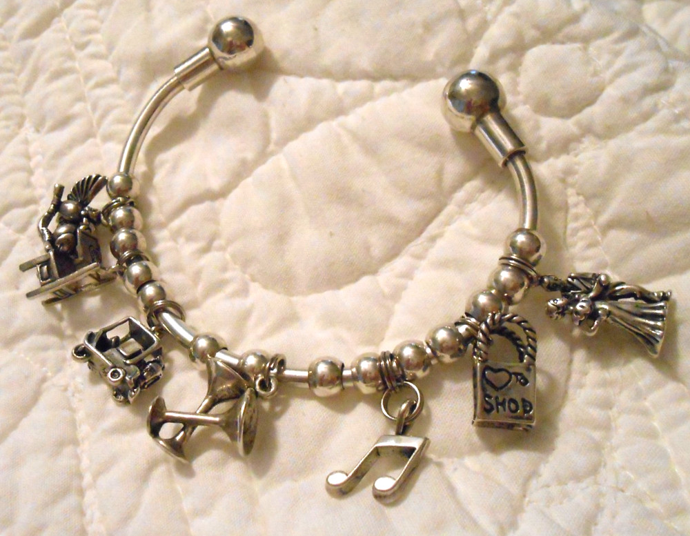 VTG Sterling 925 Charm Bracelet w/ 13 Beads 7 Charms birds wine golf music shop