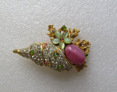 Vintage Large Pave Rhinestone Inset Glass Pink Cabochon Figural Seashell Brooch