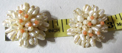 Vintage Rice Pearl Cluster Hand Strung Earrings Clip On Coral Bead Floral Clip