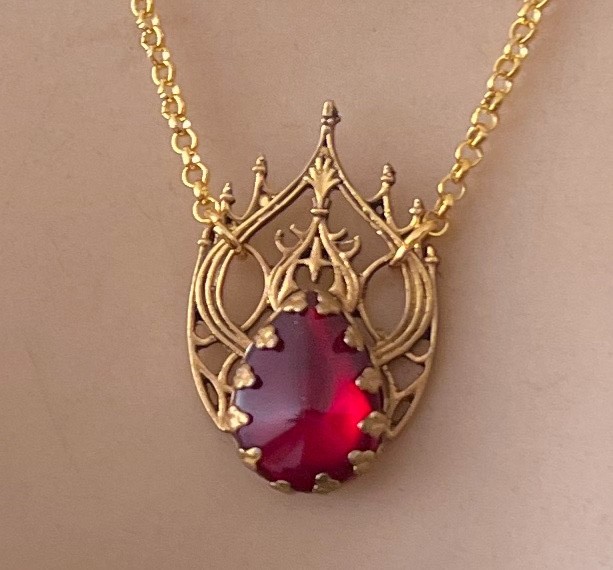 Victorian Revival Necklace Gothic Filigree Red Czech Glass Pendant