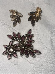 Purple Lavender Prong &cup Set Navette Rhinestone Brooch&ears 3”x3” & 1”x1.25”
