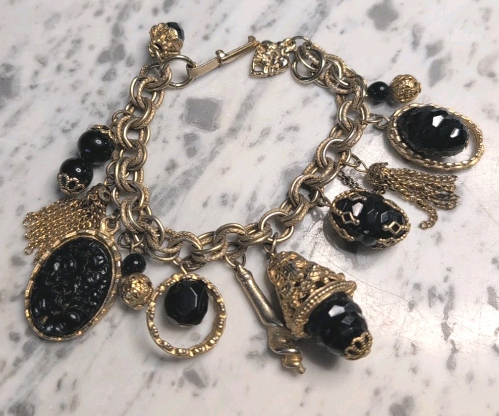 Vintage Black And Gold Tone Chain Ball Dangles Charm Bracelet Pendants.