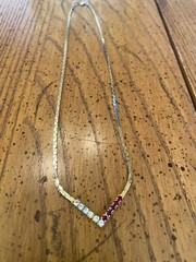 Vtg Gold Plated V Shape Necklace Red And Clear CZ Rhinestone Classic 8.5 In