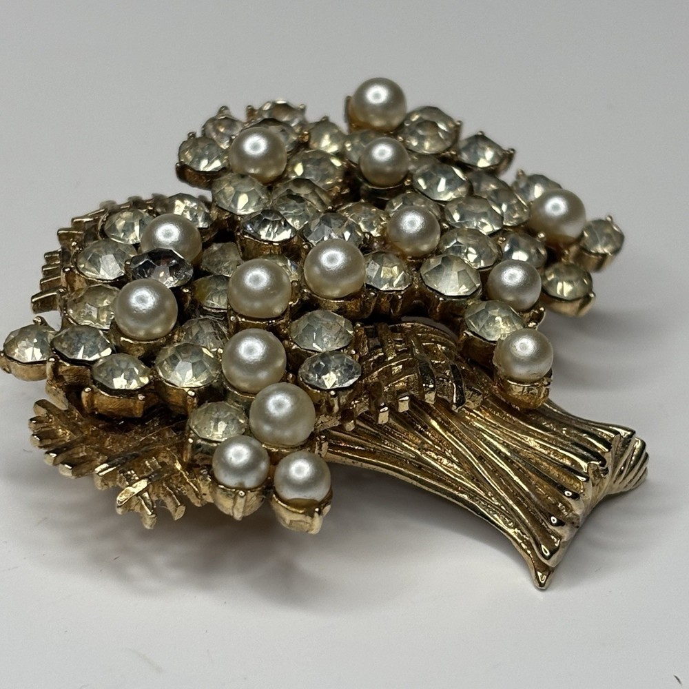 Vtg Francois Coro Rhinestone Pearl Tree Demi Parure Brooch Screw Back Earrings