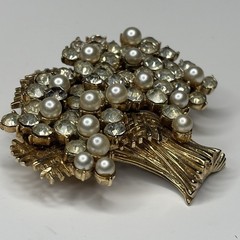 Vtg Francois Coro Rhinestone Pearl Tree Demi Parure Brooch Screw Back Earrings