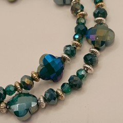 Vintage Style Teal Peacock Iridescent Faceted Crystal Clover Jewelry Set