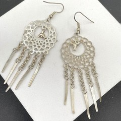 Vintage Silver-Tone Spike Tassel Dolphin Dangle Chandelier French Wire Earrings