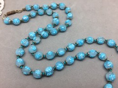 Vintage Venetian Glass Bead Necklace Blue Flower 8-9mm Knotted 30″