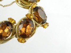 Vintage Costume Goldtone Metal Brown and Yellow Rhinestone Bracelet Unsigned