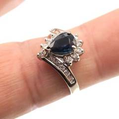Classic 14k Solid White Gold Natural Blue Sapphire and Diamond Ring Size 7.5