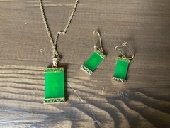Vintage Chinese Jade Pendant+Earrings+Ring Set JC Stamped Jewelry