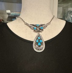 BIG CAROL FELLEY SOUTHWEST STERLING NECKLACE, 48 GRAMS, 3 1/8 x 3 INCHES PENDANT