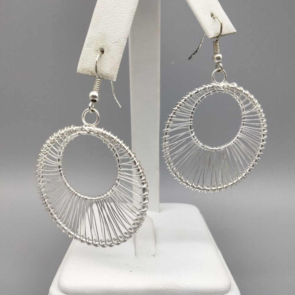 Wire Wrapped Silver Tone Pierced Earrings Hoop Vintage Estate Stunning Shine