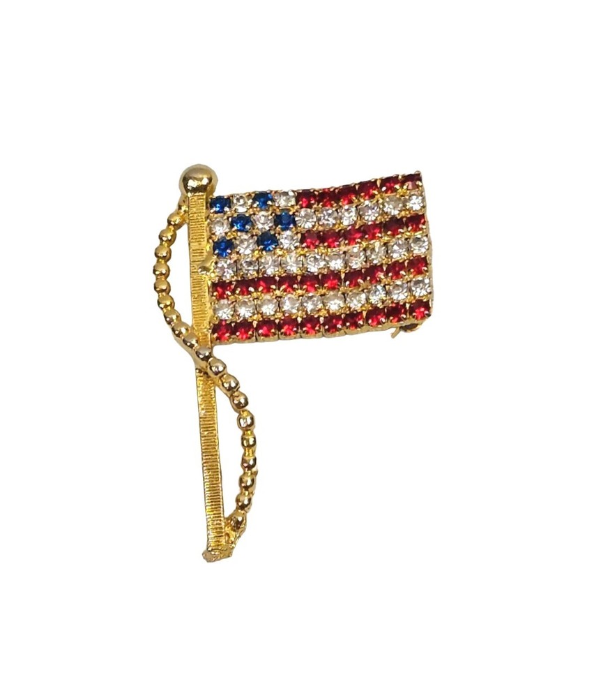 Vintage Gold Tone American Flag Brooch Pin USA Patriotic Red White Blue Stones