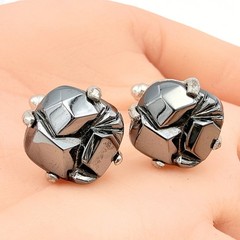 Swank Signed MCM Gray Glass Abstract Geometric Silver Plate Brutalist Cufflinks