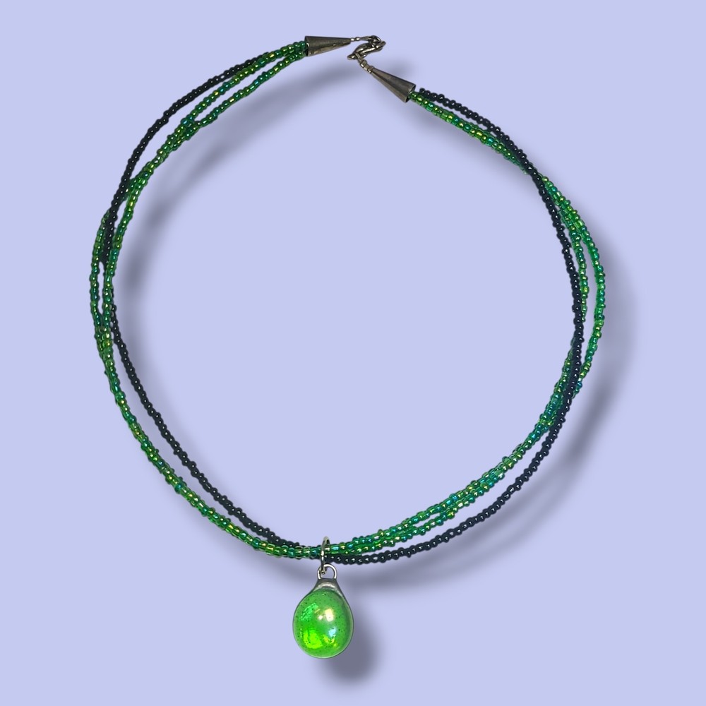 Sterling Silver Green Glass Pendant Necklace Multi Strand Seed Beads 15″