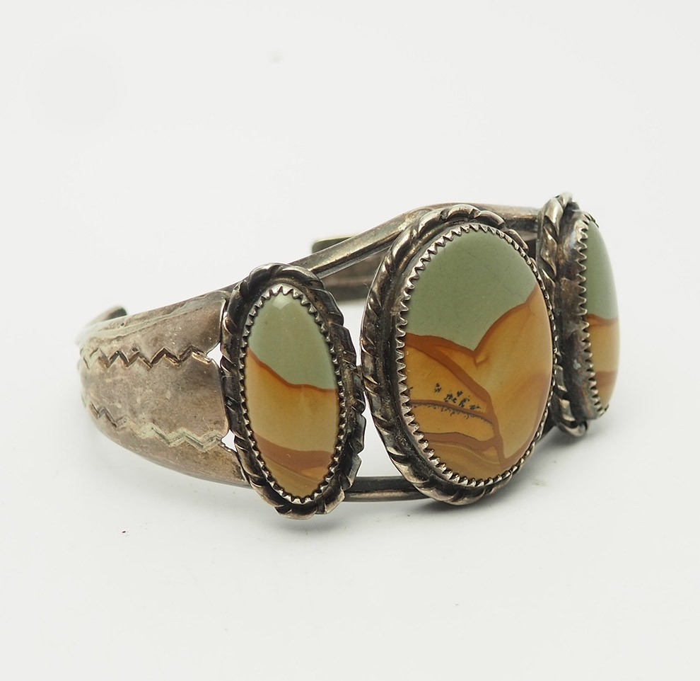 Superb sterling silver picture jasper stamping southwestern signed cuff bracelet
