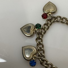 Vintage Heart Charm Bracelet Rhinestone Gold Tone Link Multicolor Retro Jewelry