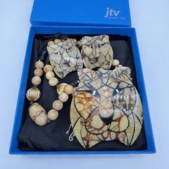 Vtg Jtv Lion Head Inlay Necklace Earrings Set Gold Tone Brown & Black Safari