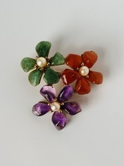 Vintage SWOBODA Brooch Flower Gemstone Pearls Jade Amethyst Carnelian