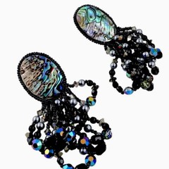 Vintage Peacock Abalone Shell Aurora Borealis Crystal French Jet Bead Earrings