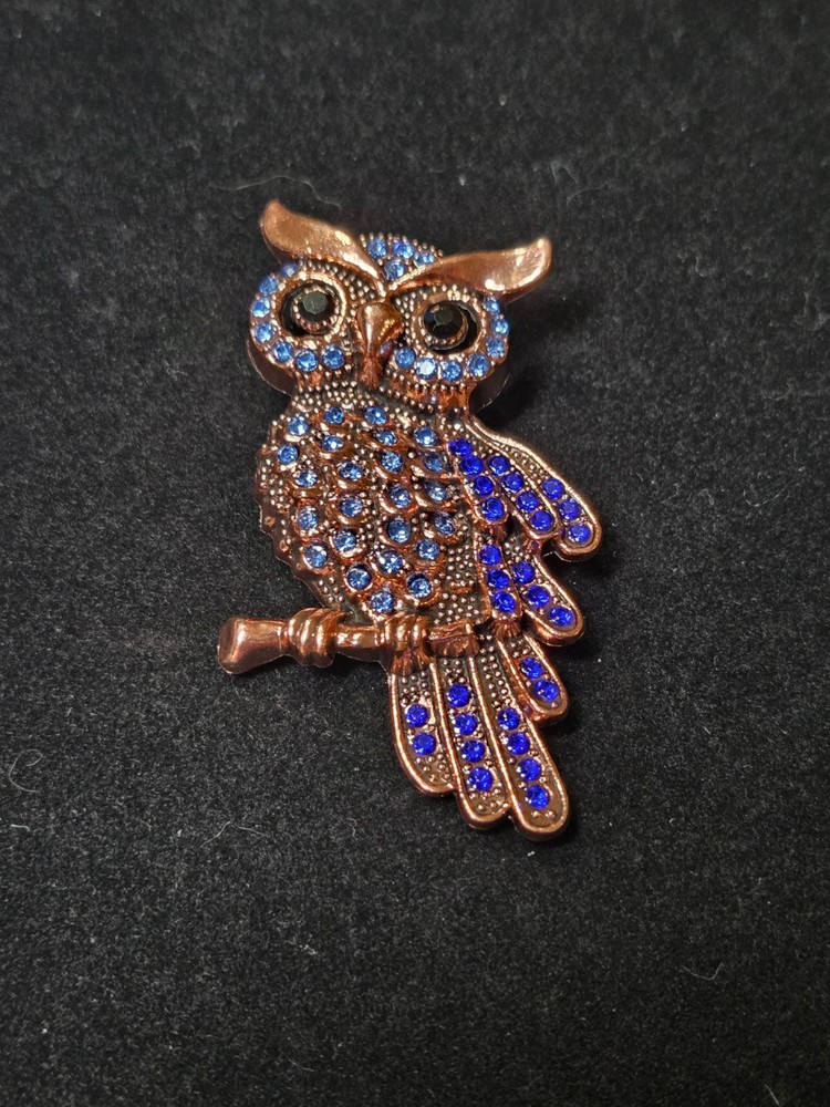 Owl Brooch Bird Pin Blue Rhinestone Gold Autumn Animal Jewelry Gift