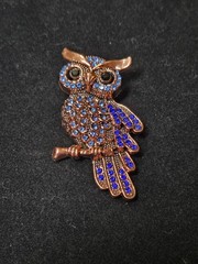 Owl Brooch Bird Pin Blue Rhinestone Gold Autumn Animal Jewelry Gift