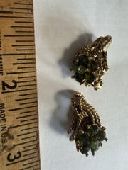 Green Rhinestone flower Cluster Clip On Gold Tone Earrings